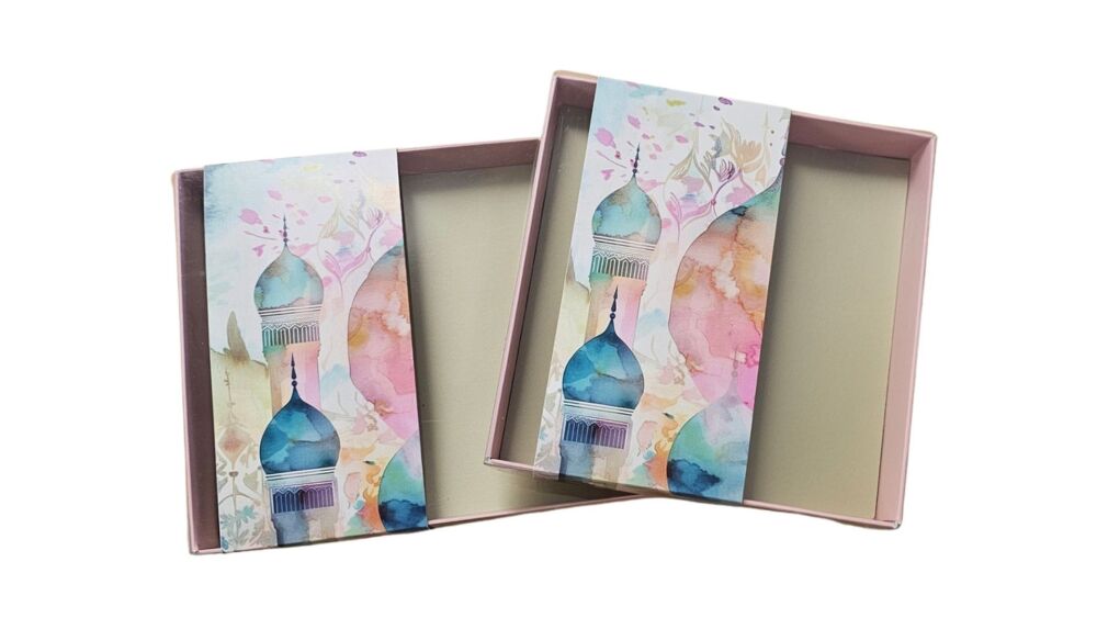 Pink Decorative Mosque Belly Band and Gold Backing Board for Biscuit/Cookie Box - 240 x 155 x 30mm/ 155mm x 155mm x 30mm (Size to be chosen) - 10Pk