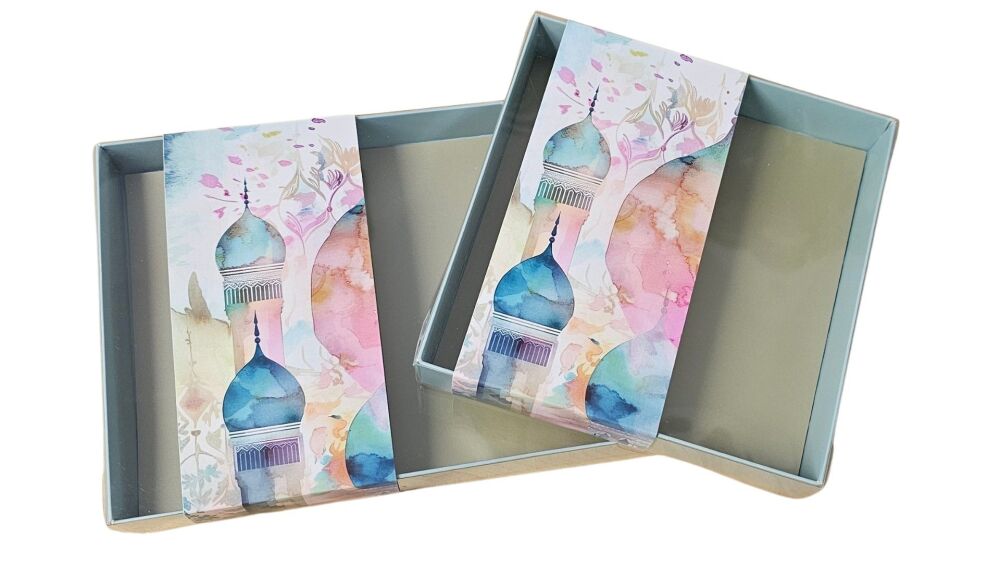 Turquoise Decorative Mosque Belly Band and Gold Backing Board for Biscuit/Cookie Box - 240 x 155 x 30mm/ 155mm x 155mm x 30mm (Size to be chosen) - 10