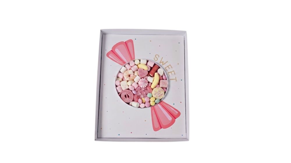 Sweet Fillable Shape Hamper Box, Printed Removable Insert & Clear Lid  - 315mm X 250mm X 55mm