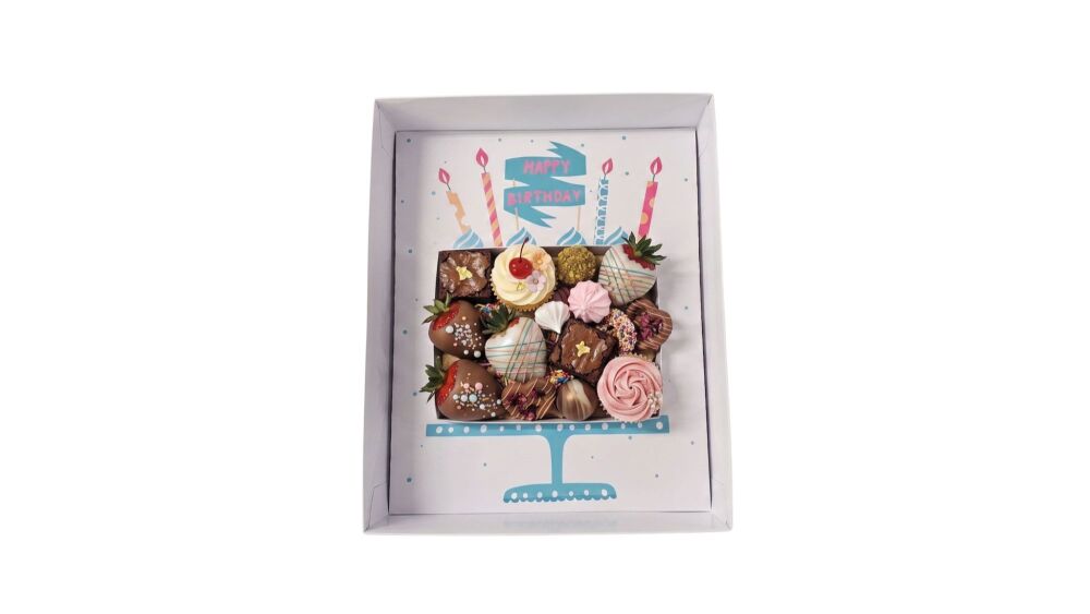 Birthday Cake Fillable Shape Hamper Box, Printed Removable Insert & Clear Lid  - 315mm X 250mm X 90mm