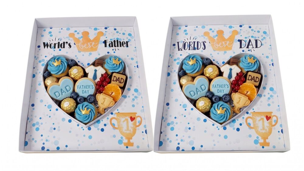 Father's Day Heart Fillable Shape White Hamper Box, Printed Removable Insert & Clear Lid - 315mm X 250mm X 55mm -1, 5 or 10Pk