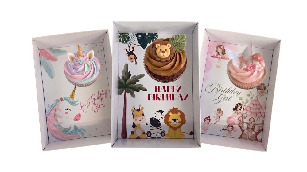 Children's Birthday Single Cupcake Box with Clear Lid & Insert - 165 &times; 115 &times; 70mm