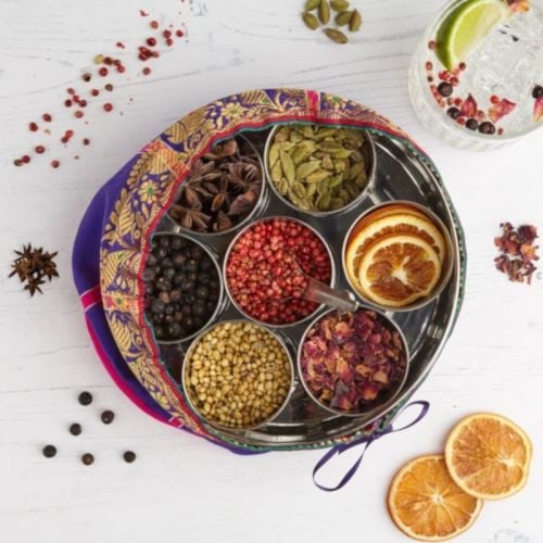 Gin Botanicals Tin With 7 Botanicals & handmade silk sari wrap.