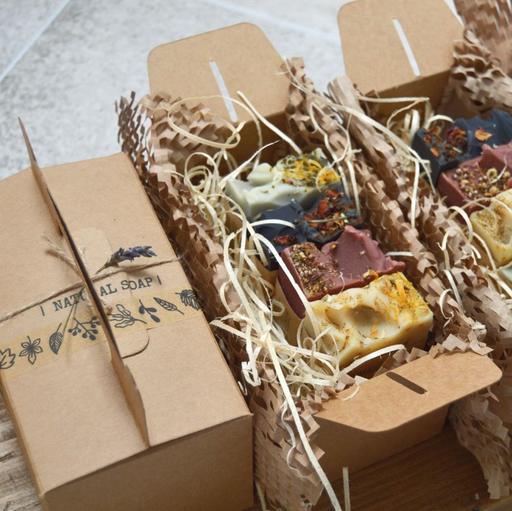 Big Box Of natural soaps, a variety of earthy colours. Packaged in natural 