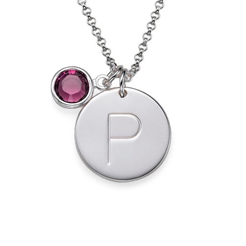 Initial Silver Pendant& Birthstone Crystal Necklace