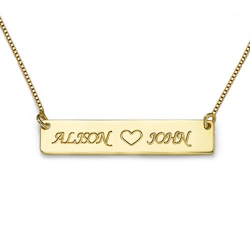 Engraved Name Bar With Heart Gold Plated Necklace