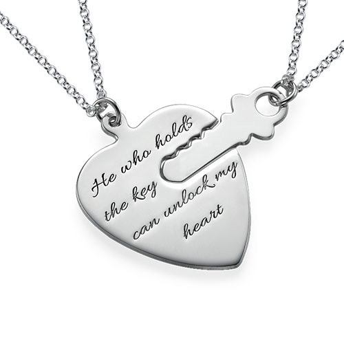 Engraved Key To My Heart Sterling Silver Necklace Set