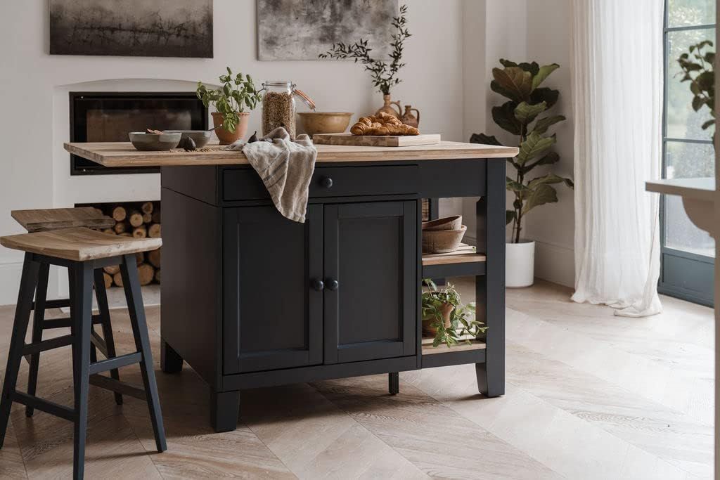 2 stools with high backs in an idustrial style, set in a wood effect kitchen
