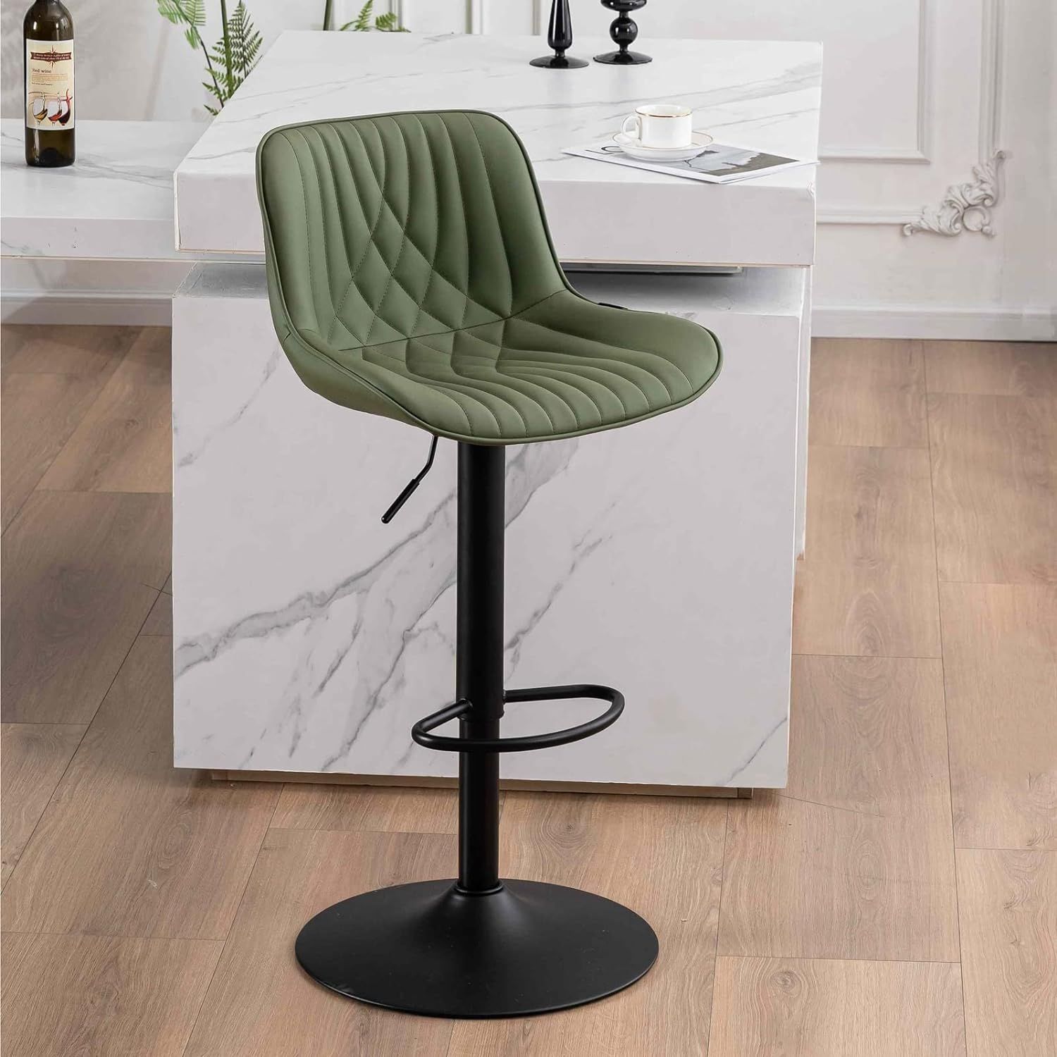 2 stools with high backs in an idustrial style, set in a wood effect kitchen