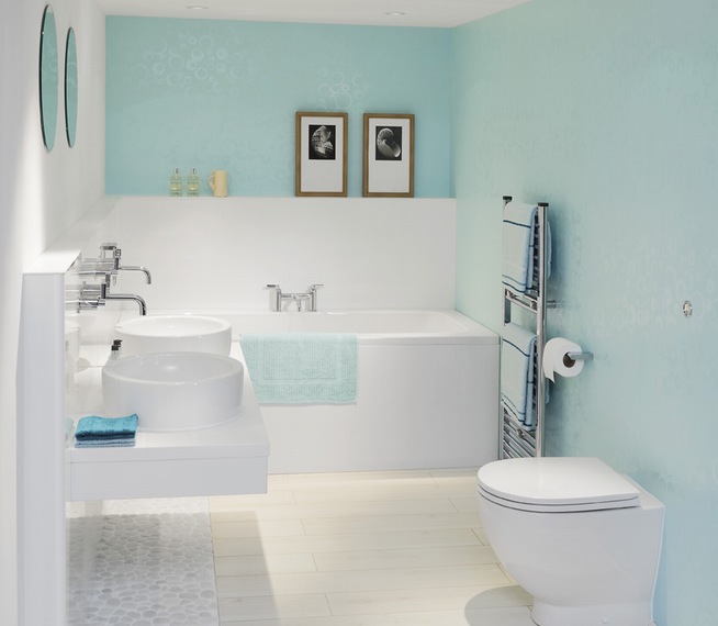 Photo of a Crisp white bathroom suite with pale blue walls