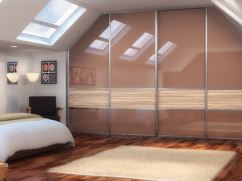 warm brown gloss and woodgrain sliding wardrobes to fit in apex of bedroom with tall ceiling