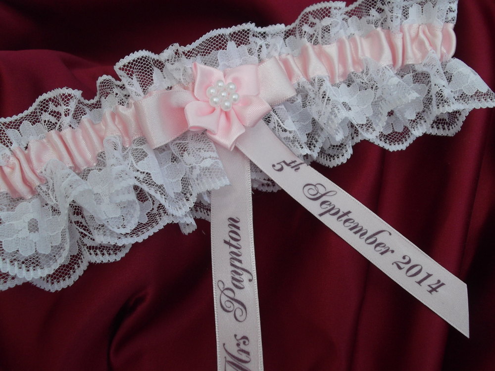Personalised pink satin and lace wedding garter