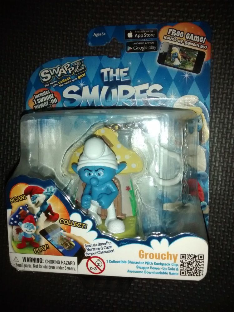 The Smurfs - Grouchy - 3" Collectable Figure With Backpack Clip & Power Up Coin - Carded & In Excellent Condition
