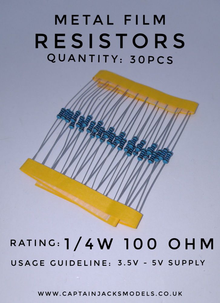 Qty 30  -  100 Ohm High Quality Metal Film Resistor 0.25W ( 100R 1/4W )