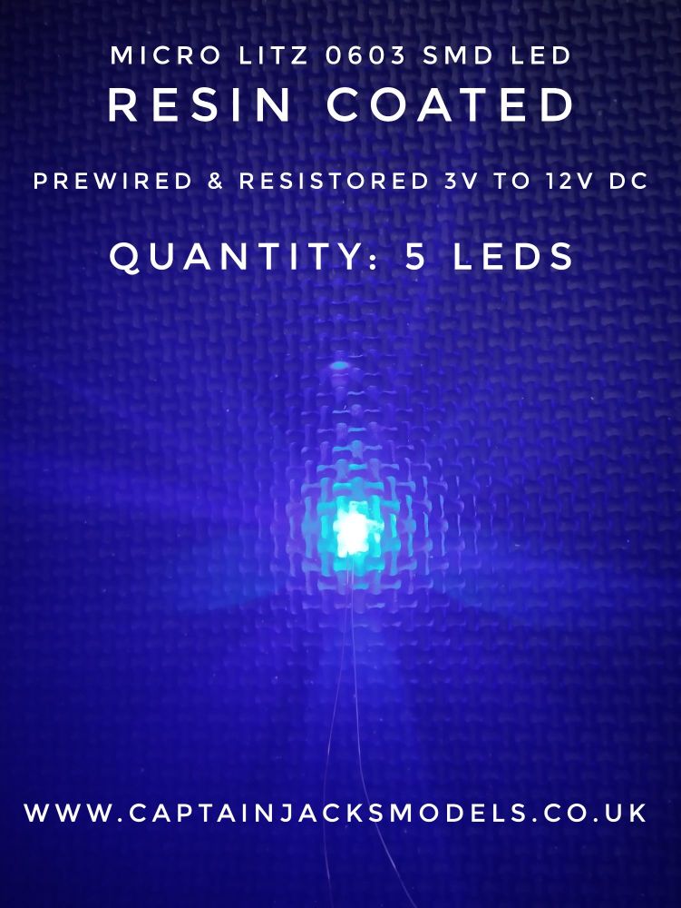 Prewired Micro Litz SMD Leds - 0603 Blue RESIN COATED 3v to 12v DC - Quantity 5 Leds