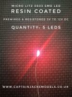 Prewired Micro Litz SMD Leds - 0603 Red RESIN COATED 3v to 12v DC - Quantity 5 Leds