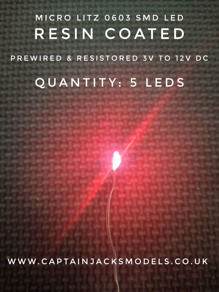 Prewired Micro Litz SMD Leds - 0603 Red RESIN COATED 3v to 12v DC - Quantit