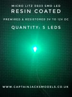 Prewired Micro Litz SMD Leds - 0603 Green RESIN COATED 3v to 12v DC - Quantity 5 Leds