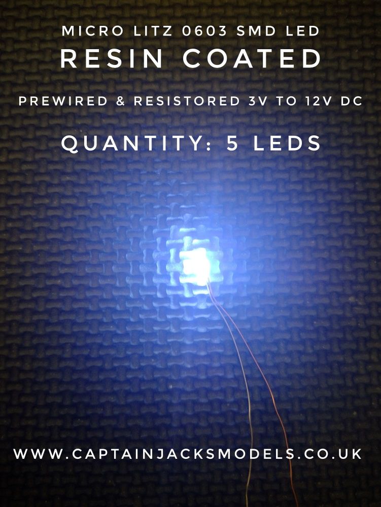 Prewired Micro Litz SMD Leds - 0603 Cool White RESIN COATED 3v to 12v DC - 