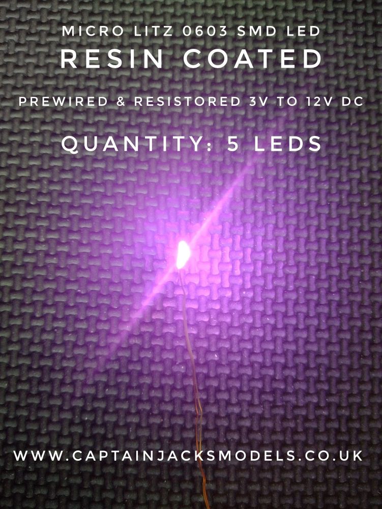Prewired Micro Litz SMD Leds - 0603 Pink RESIN COATED 3v to 12v DC - Quantity 5 Leds