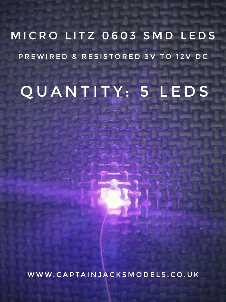 Prewired Micro Litz SMD Leds - 0603 Ultra Violet RESIN COATED 3v to 12v DC - Quantity 5 Leds
