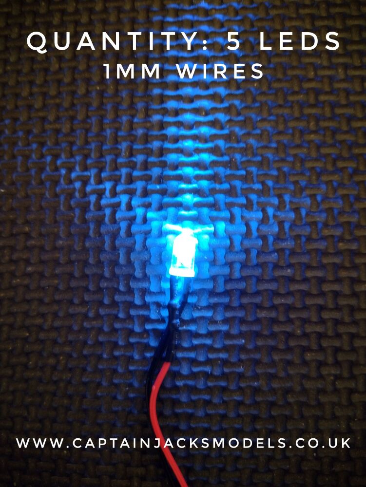 Qty 5 - 5mm Prewired Led - 1mm WIRES - Ultra Bright - ICE BLUE STATIC