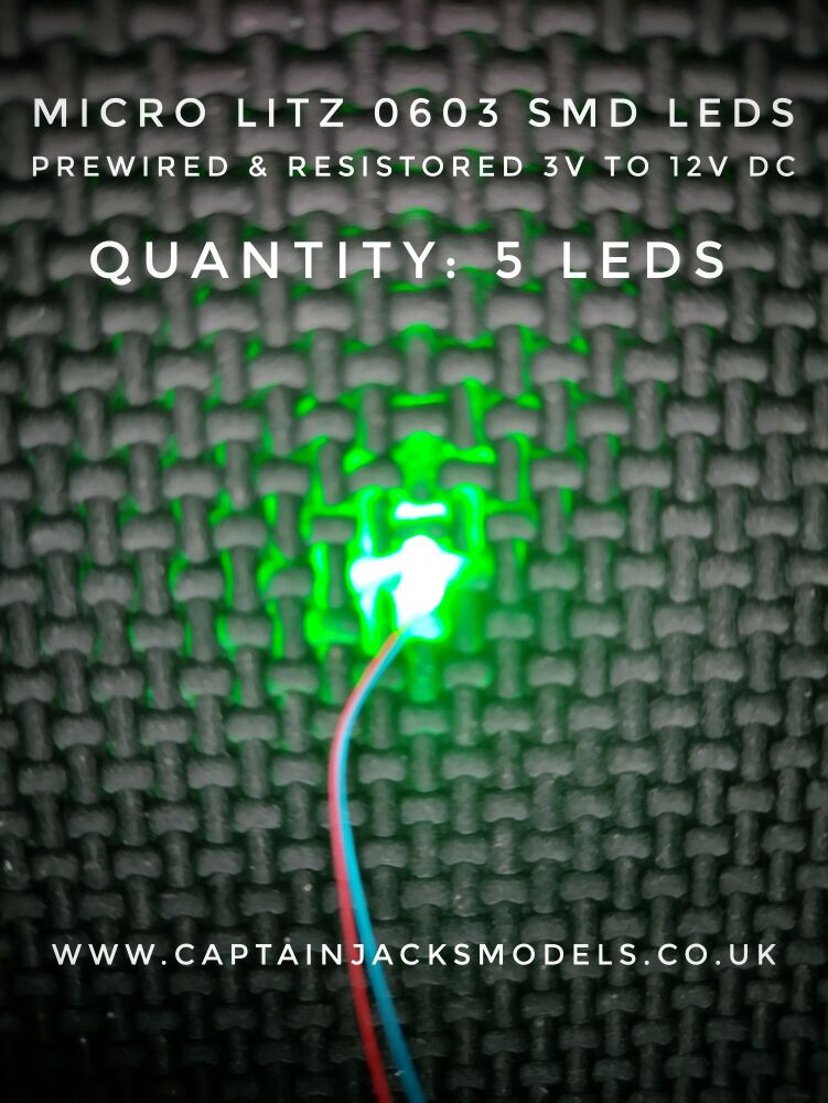 Prewired Precision Micro Litz SMD Led - 0603 - 280mm Wires - GREEN - Quantity 5 Leds
