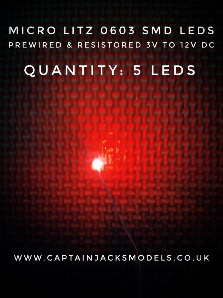 Prewired Precision Micro Litz SMD Led - 0603 - 280mm Wires - RED - Quantity 5 Leds