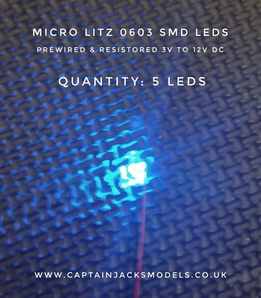 Prewired Precision Micro Litz SMD Led - 0603 - 280mm Wires - BLUE - Quantity 5 Leds