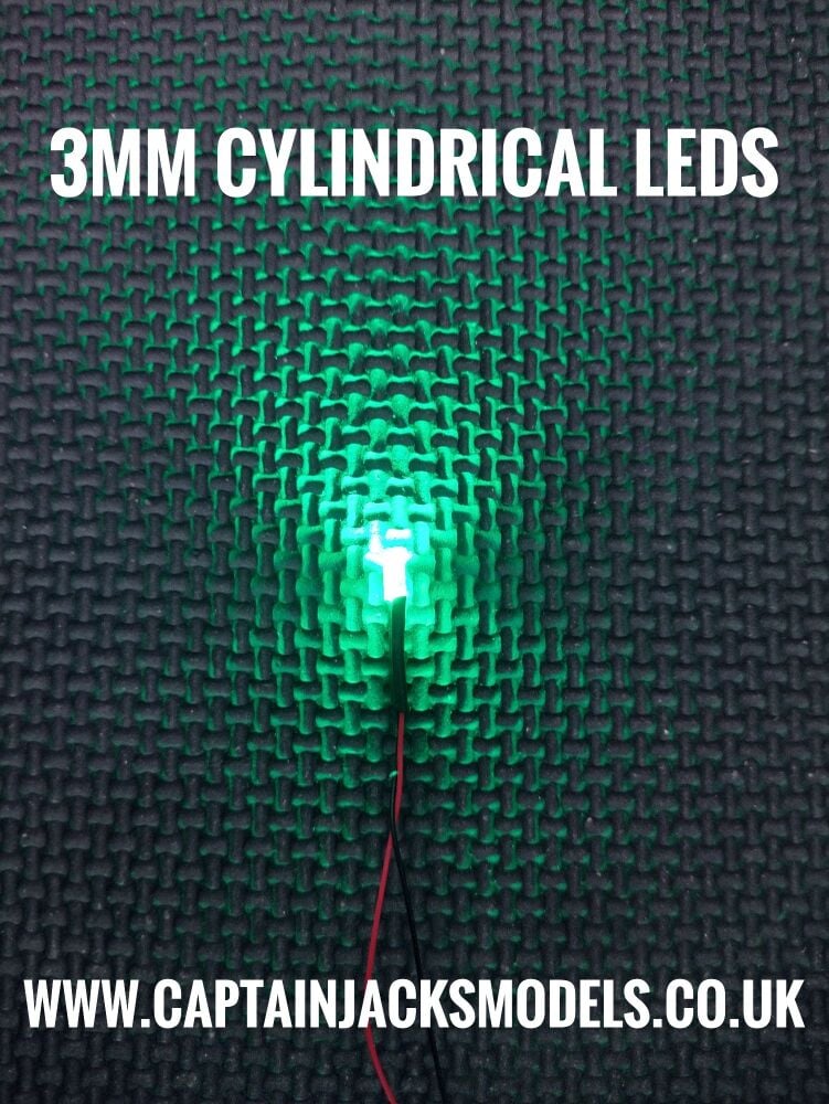 Qty 5 - Prewired GREEN 3mm Cylindrical Leds - 0.5mm Wires 180mm Long