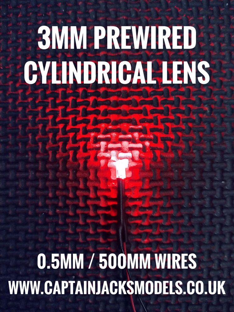 Prewired RED 3mm Cylindrical Leds 0.5mm Wires 500mm Long