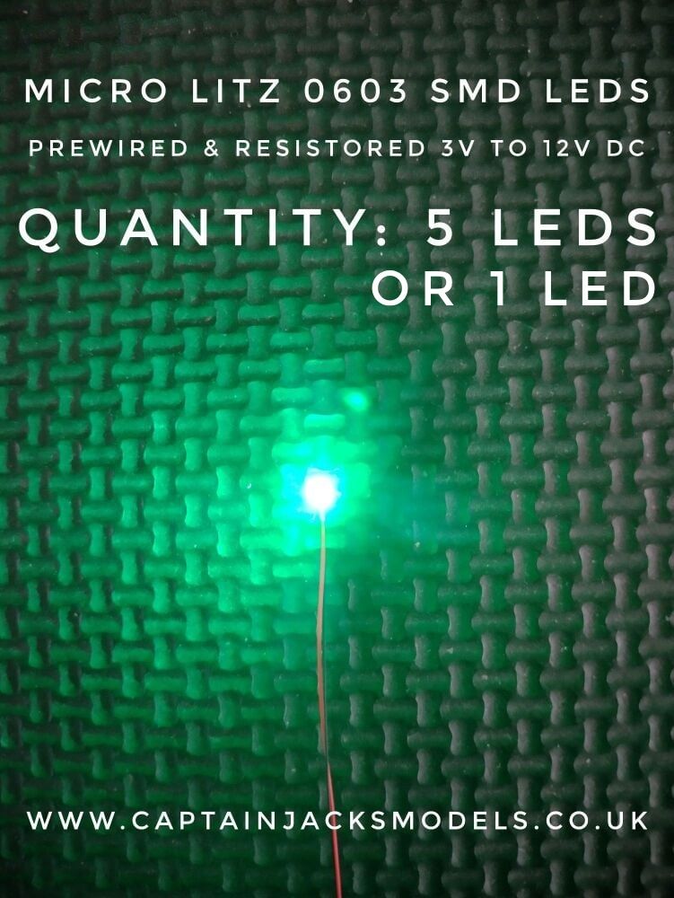 Prewired Precision Micro Litz SMD Led - 0603 - 280mm Wires - GREEN - Red & Black Wires