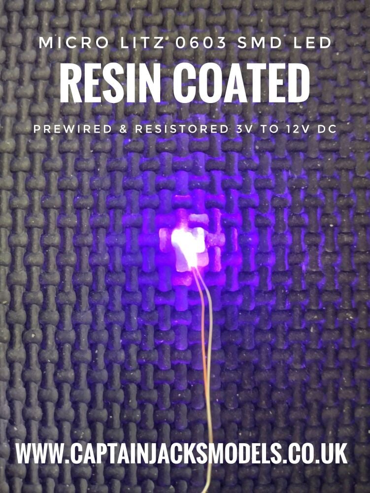 Prewired Micro Litz SMD Leds - 0603 Ultra Violet RESIN COATED 3v to 12v DC