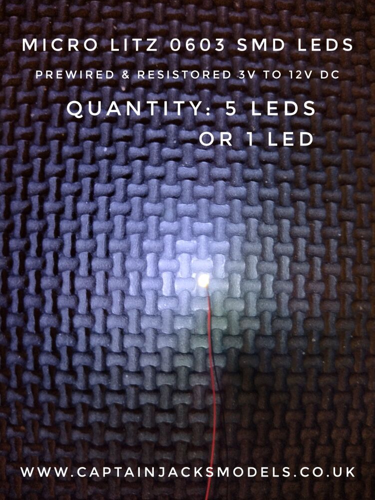 Prewired Precision Micro Litz SMD Led - 0603 - 280mm Red & Black Wires - COOL WHITE