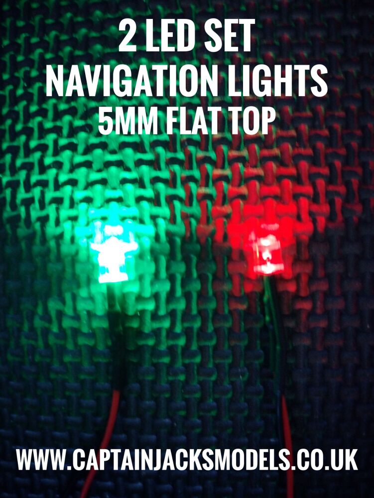 2 Prewired LED Pack Of Navigation Light LEDs 5mm FLAT TOP Red & Green Static