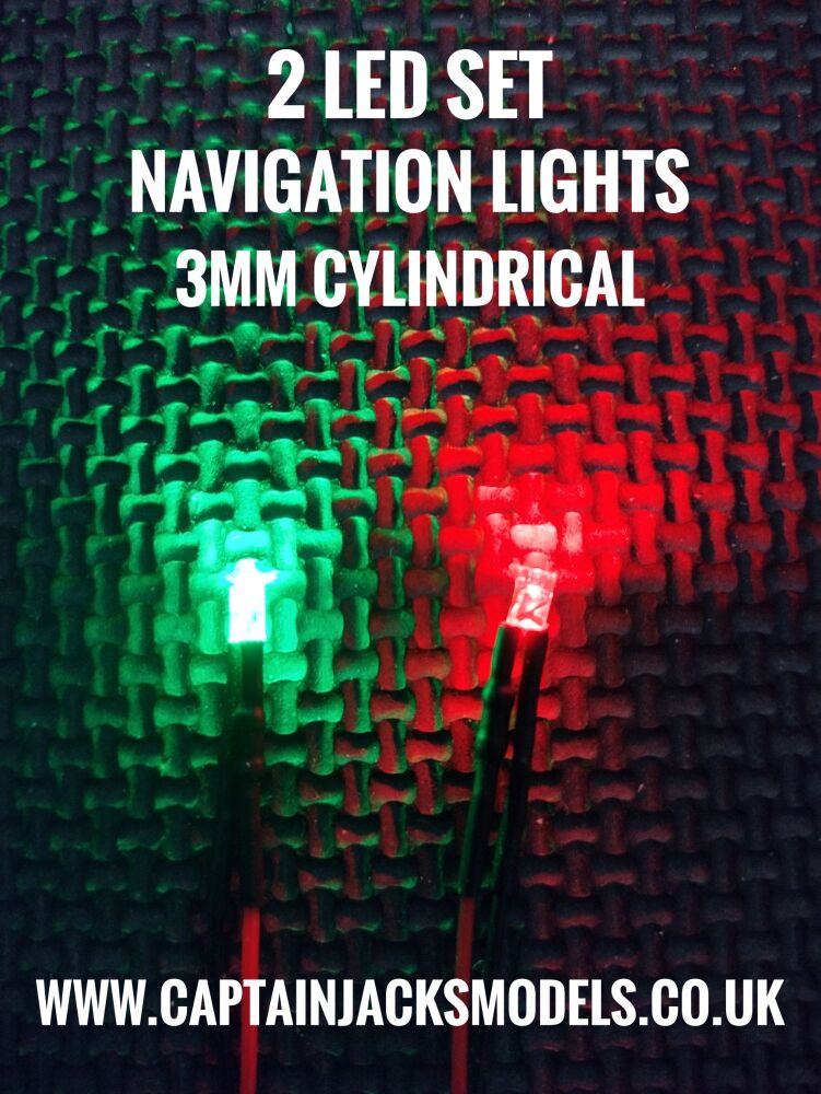 2 Prewired LED Pack Of Navigation Light LEDs 3mm CYLINDRICAL Red & Green Static