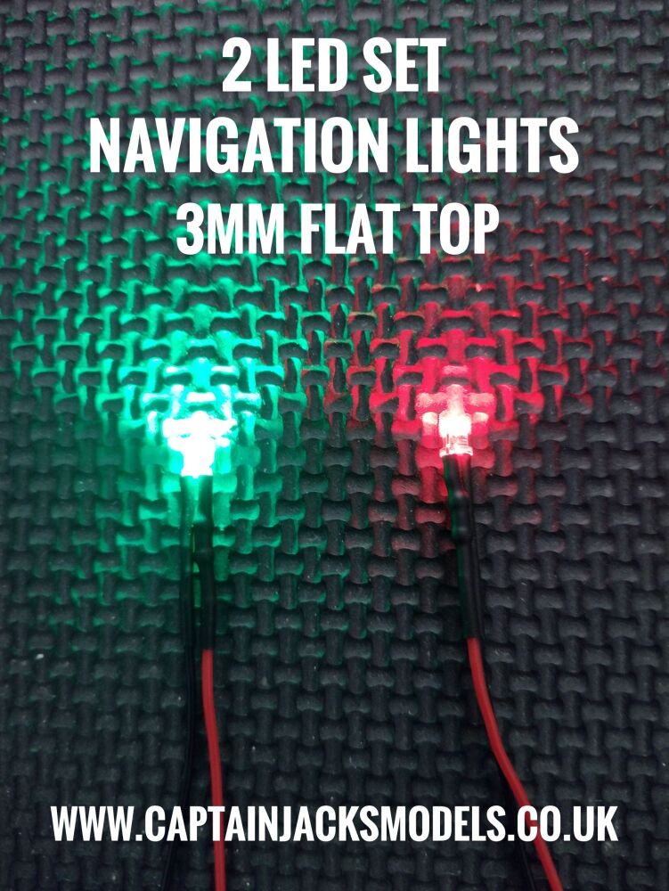 2 Prewired LED Pack Of Navigation Light LEDs 3mm FLAT TOP Red & Green Static