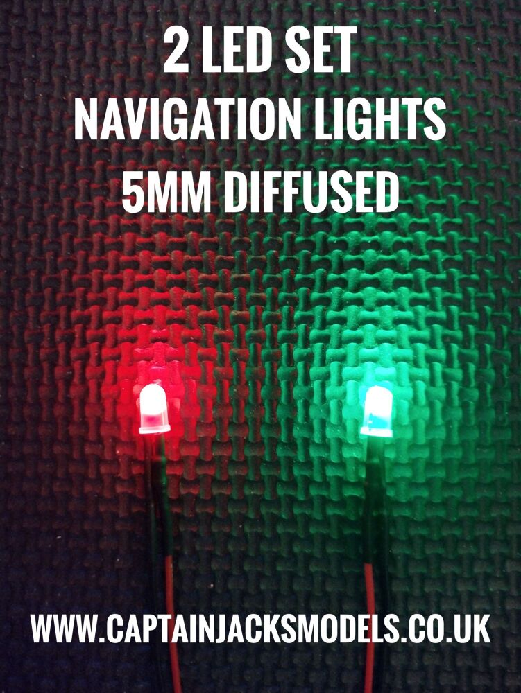 2 Prewired LED Pack Of Navigation Light LEDs 5mm ROUND TOP DIFFUSED LENS Red & Green Static
