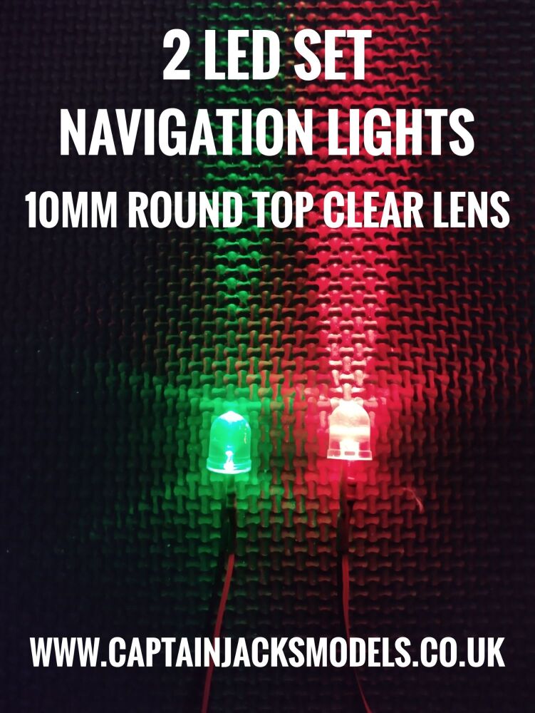 2 Prewired LED Pack Of Navigation Light LEDs 10mm ROUND TOP CLEAR LENS Red & Green Static