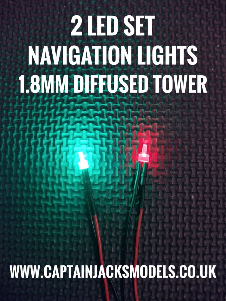 2 Prewired LED Pack Of Navigation Light LEDs 1.8mm DIFFUSED TOWER LENS Red & Green Static