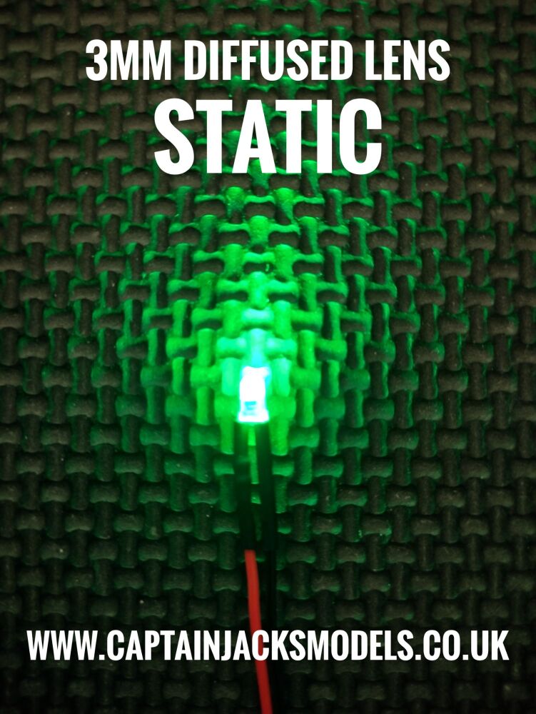 3mm Prewired Led - 1mm WIRES - Diffused - GREEN - STATIC