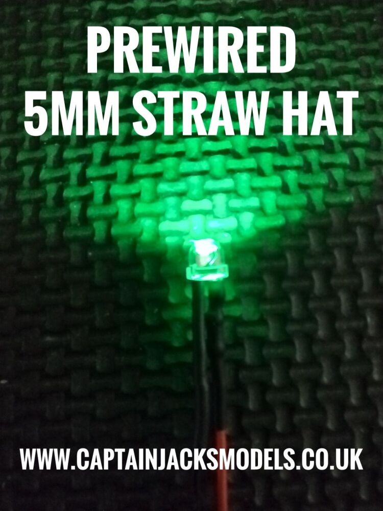 Prewired 5mm GREEN Straw Hat LED