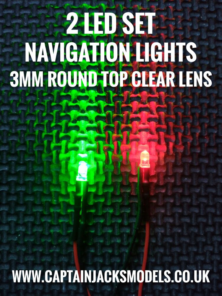 2 Prewired LED Pack Of Navigation Light LEDs 3mm ROUND TOP CLEAR LENS Red & Green Static