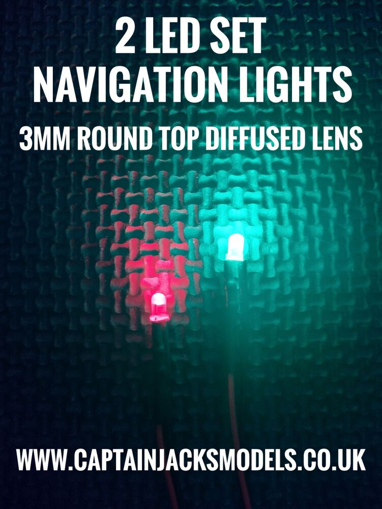 2 Prewired LED Pack Of Navigation Light LEDs 3mm ROUND TOP DIFFUSED LENS Red & Green Static