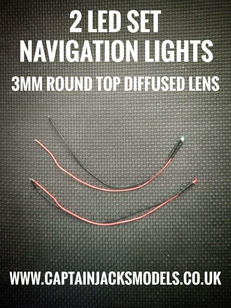 2 Prewired LED Pack Of Navigation Light LEDs 3mm ROUND TOP DIFFUSED LENS Red & Green Static