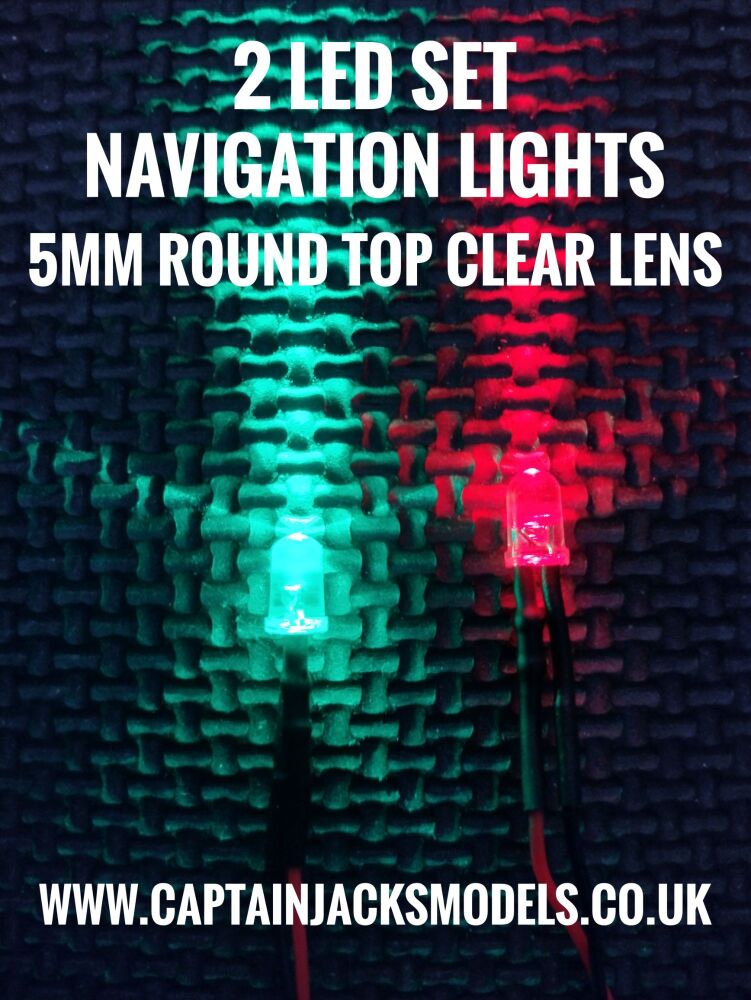 2 Prewired LED Pack Of Navigation Light LEDs 5mm ROUND TOP CLEAR LENS Red & Green Static