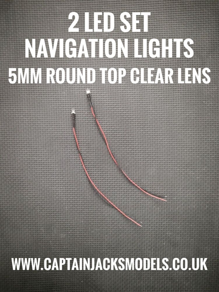 2 Prewired LED Pack Of Navigation Light LEDs 5mm ROUND TOP CLEAR LENS Red & Green Static