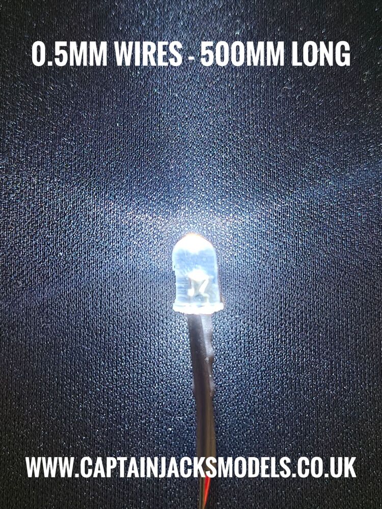 5mm Prewired Ultra Bright COOL WHITE Round Top LED With 0.5mm Diameter 500mm Long 30AWG Wires