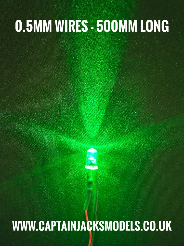 5mm Prewired Ultra Bright GREEN Round Top LED With 0.5mm Diameter 500mm Long 30AWG Wires