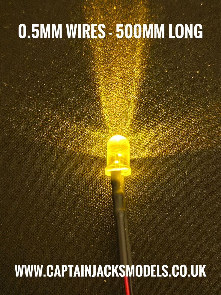5mm Prewired Ultra Bright YELLOW Round Top LED With 0.5mm Diameter 500mm Long 30AWG Wires